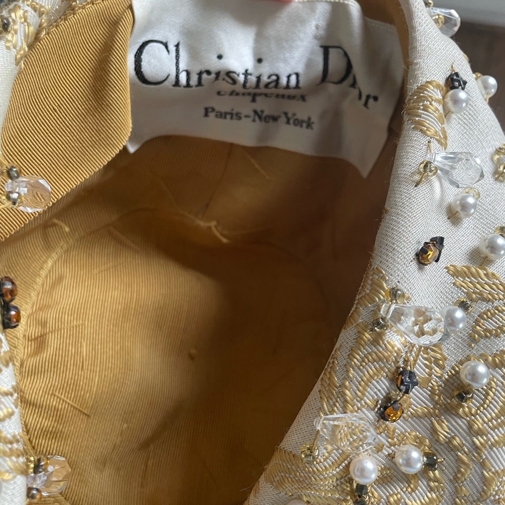 Dior Women's Hat with Gold and White Embellishments